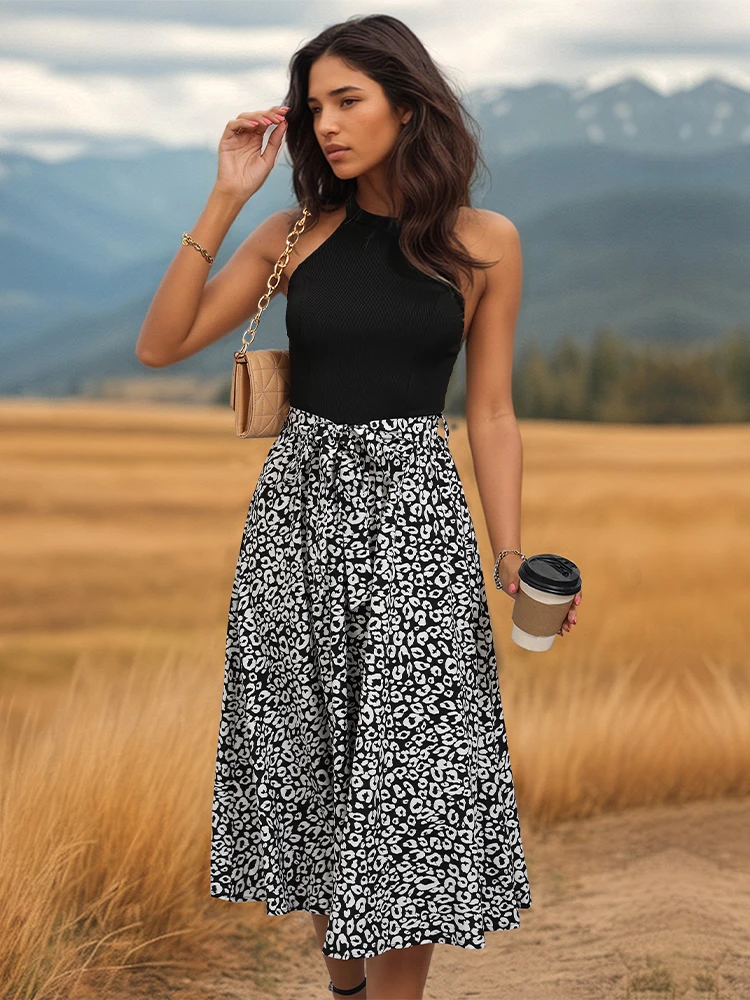 Summer vacation two-piece patchwork dress without sleeves, hanging neck, backless vest, casual fashion, classic printed dresses