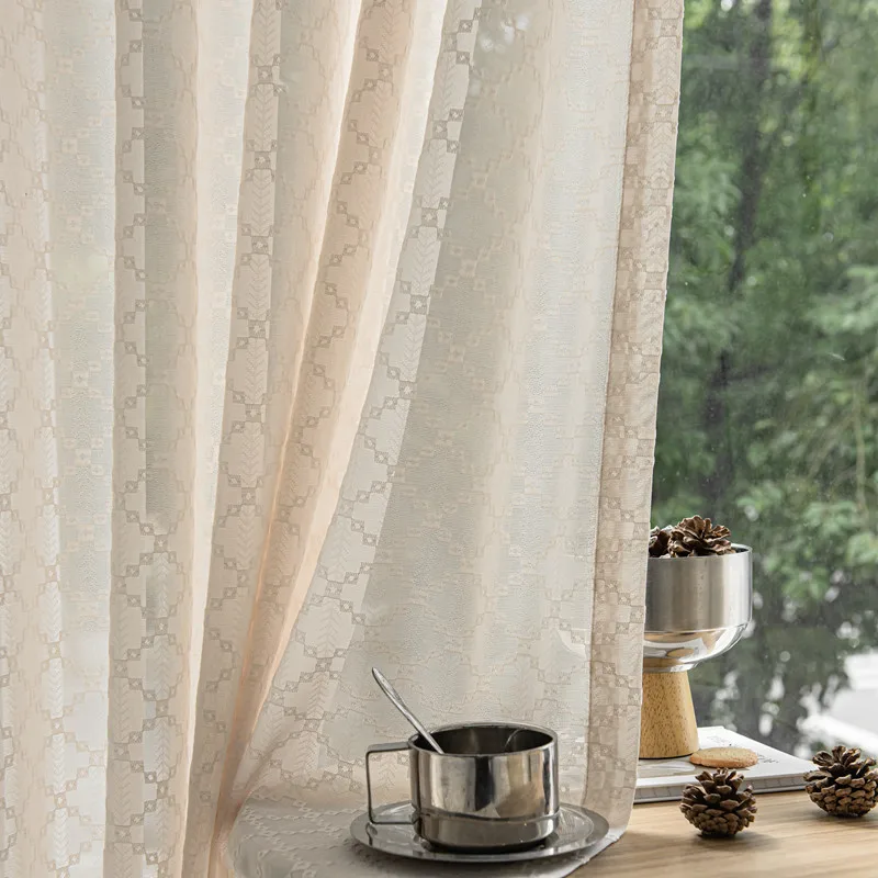 Luxury Embroidery French Cream Style Semi Sheer Curtains for Rooms Elegant Soft Home Decor, Sliding Door Light Filtering Drapes