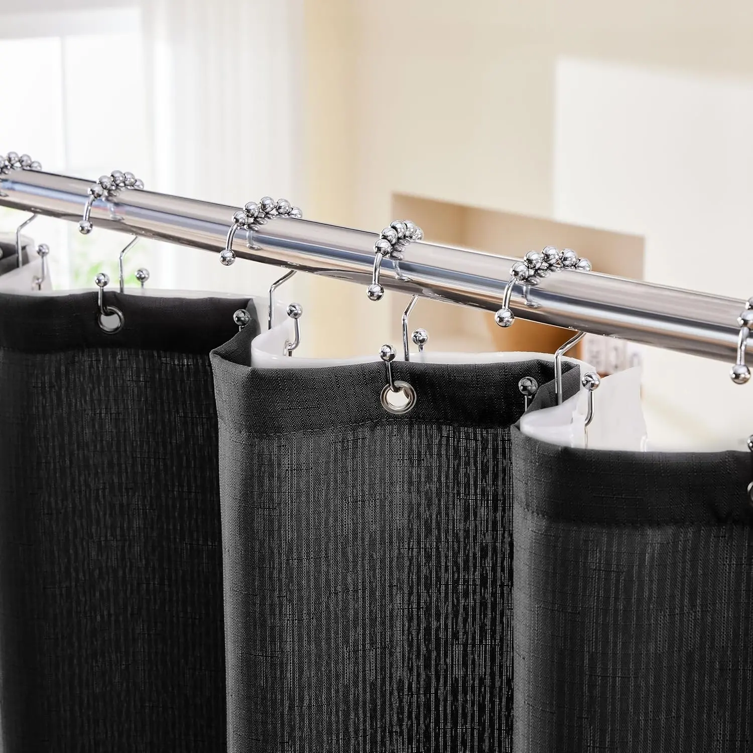 

3 in 1 Black Shower Curtain Set with Waterproof Liner and Hooks, 72x72 Inches for Bathroom