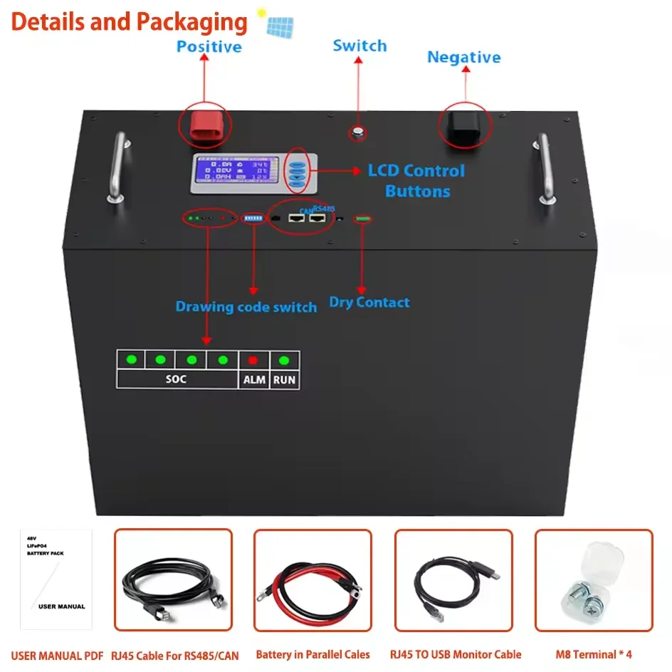 스마트 48V 200Ah 100Ah BMS 10kWh/5kWh 파워 스테이션 20kW 충전식 랙 배터리 51.2V LiFePO4 300Ah 12V 스택형