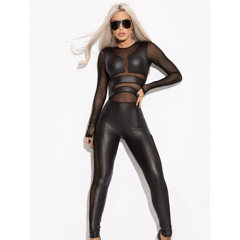 Hot Girl Black Pu Jumpsuits for Women Stylish Skinny Patchwork Mesh Sexy O-neck Long Sleeve Out Going Long Jumpsuit 93128