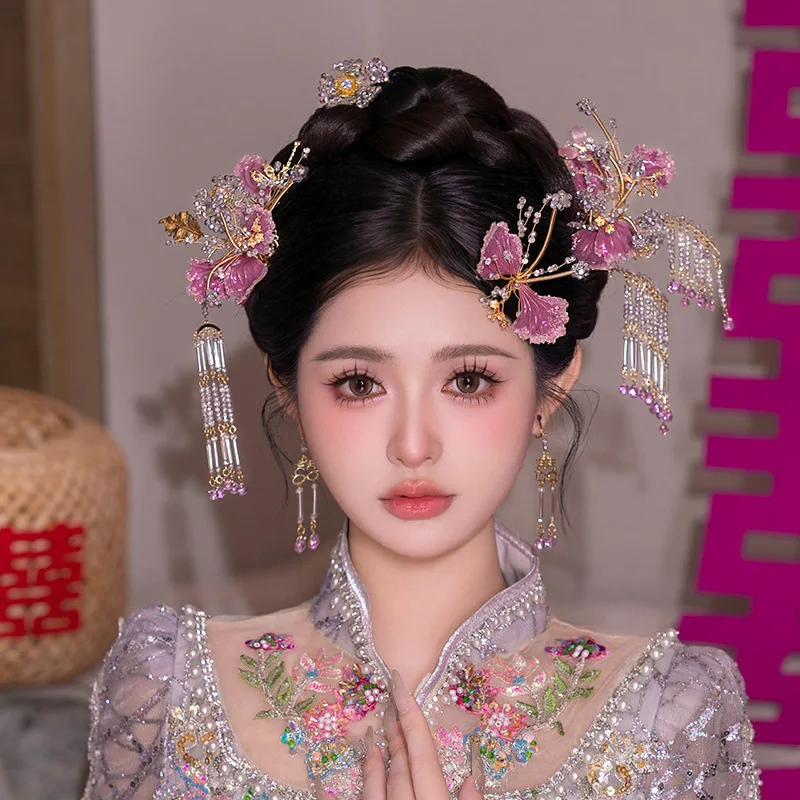 الذهبي الوردي الجديد الصينية Xiuhe غطاء الرأس مشبك شعر شيونغسام Hanfu اكسسوارات الحد من العمر سوبر شرابة Xiuhe الملابس