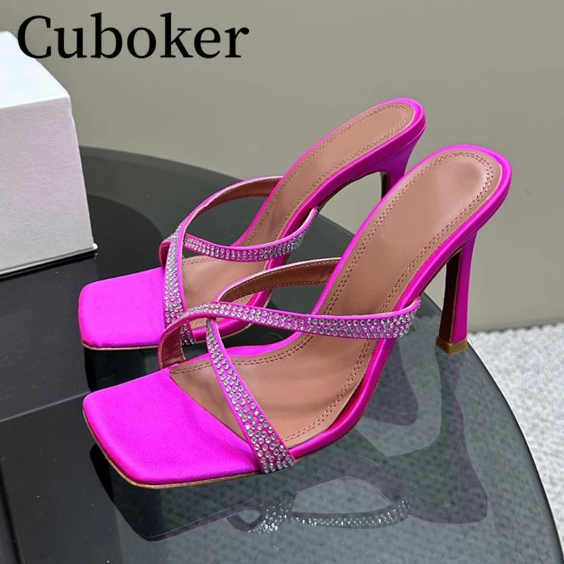 

Designer Brand Satin Cross strap Crystal Slippers 2023 Summer High Heels Ladies Square Toe Mules Party Shoes for Women mujer