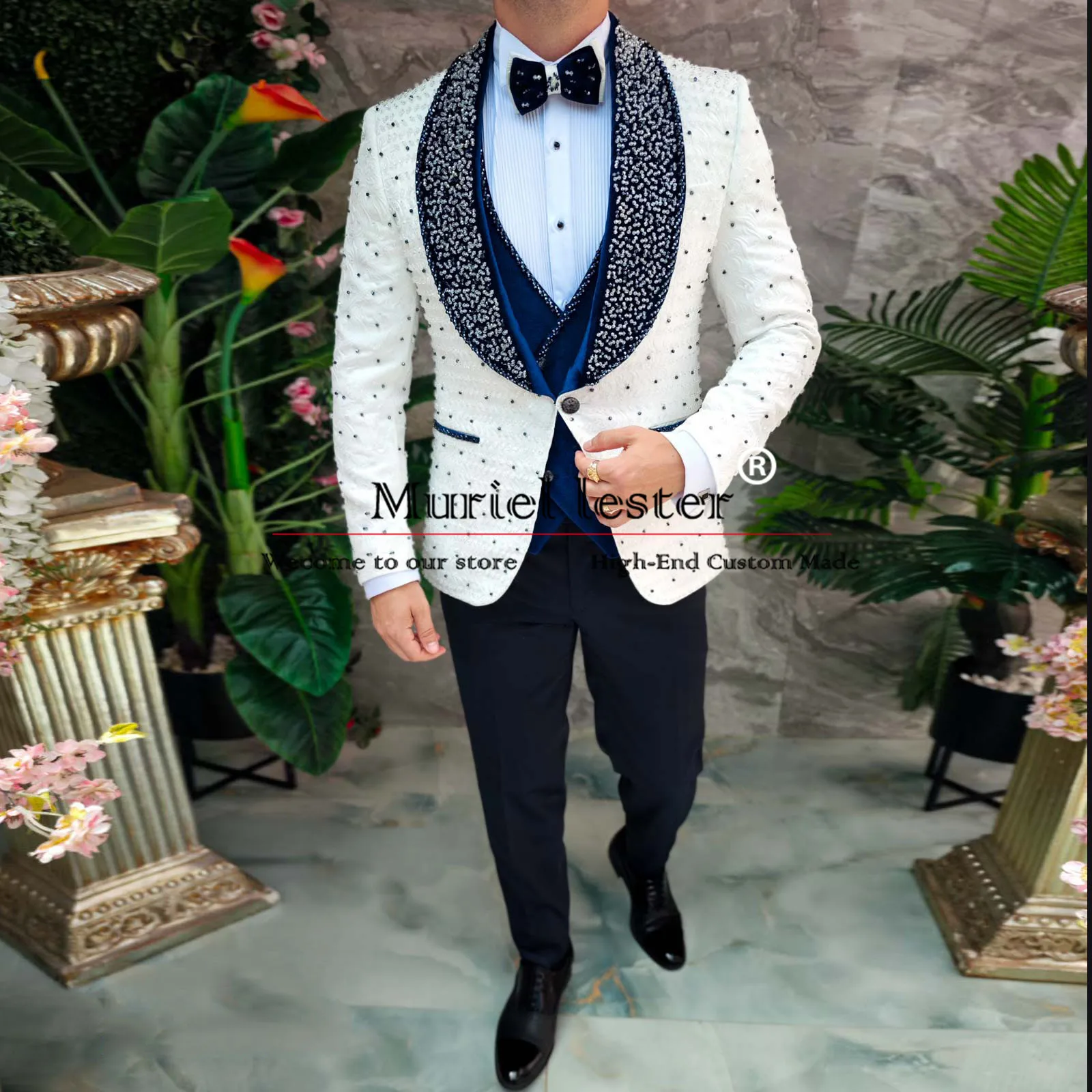 Jacquard Groom Wedding Suits For Men Luxury Crystals Beaded Jacket Vest Pants 3 Pieces Formal Groom Tuxedos Banquet Men\'s Dress