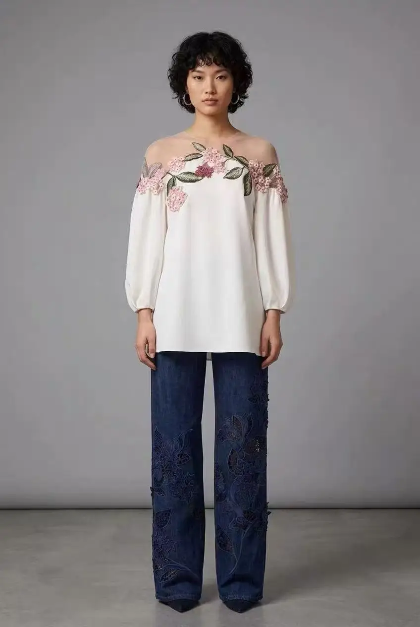 Elegant Silk Blouse Women 3D Floral Embroidery Sheer Mesh Neck Puff Sleeve Top For Vacation Wedding Guest Party