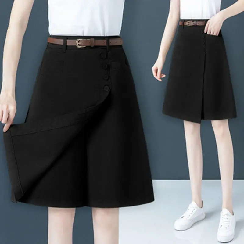 Half-length Pants Ladies Summer Thin High Waist Wide-leg Short Trousers New Plus Size Casual Loose Fake Two-piece Skirts Culotte