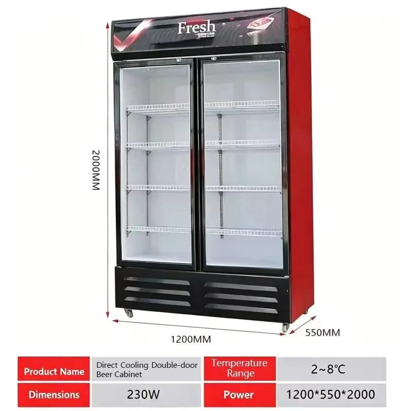 Dual Temperature Air Cooled Glass Door Refrigerator Freezer with Frost Protection, 2 Doors, Suitable for Home or Commercial