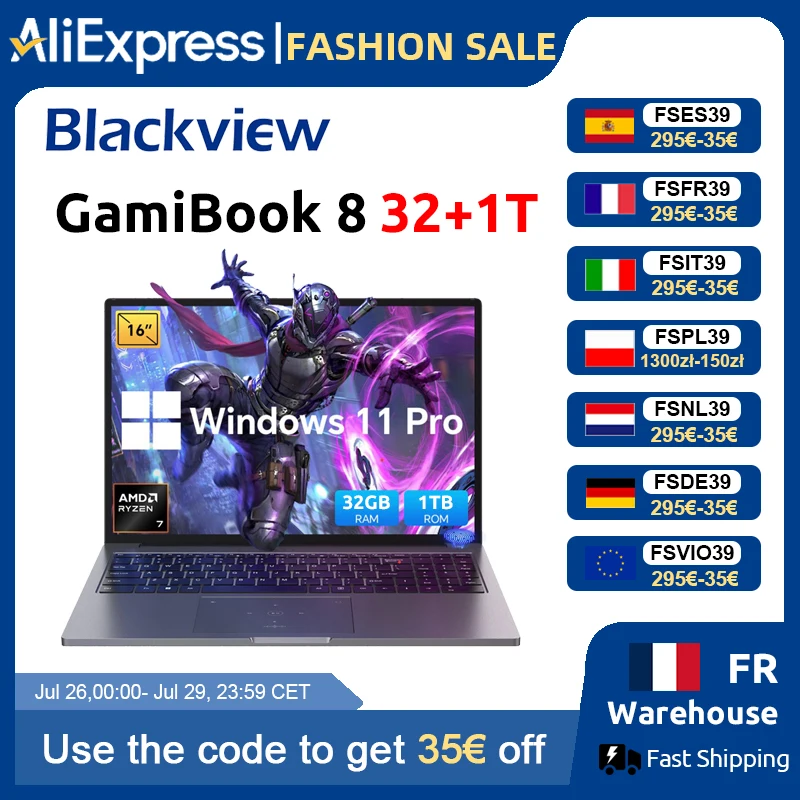 Blackview ‎ Ordinateur portable GamiBook 8 AMD R7 7735HS 16 pouces 5000 mAh 16 Go de RAM LPDDR5 512 Go de ROM Windows 11 Pro BT5.2 Wifi 6 Clavier rétroéclairé