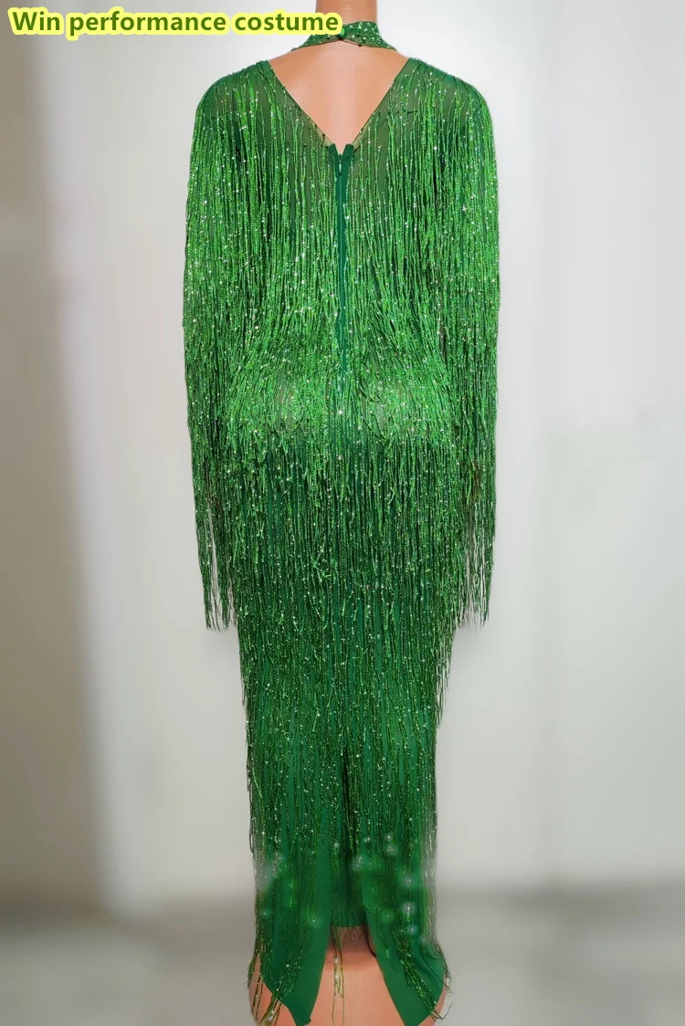 Lion-Vestido largo con borlas de diamantes de imitación multicolores, vestido Sexy para fiestas, clubs nocturnos, bares, actuaciones en escenario, disfraces