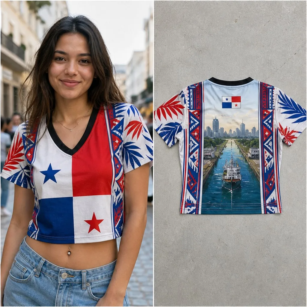Womens Panama V Neck Short Sleeve Crop Top Flag Star Tropical Canal Graphic Casual Summer Shirt for Street Travel and Daily Wear