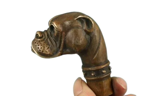 

china lucky Handmade Bronze Carving Dog Collect Cane Walking Stick Head Statue