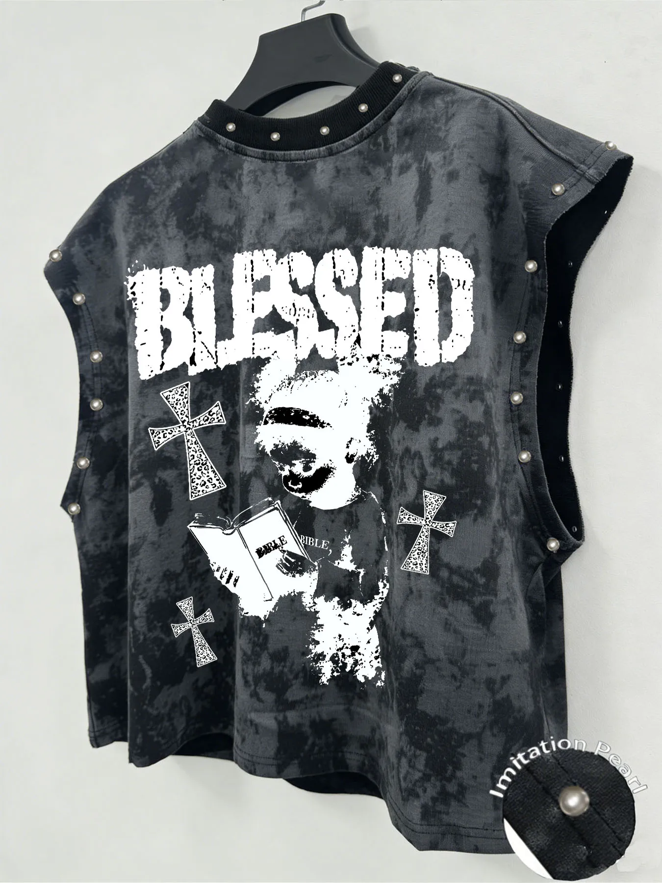 Tie-Dye Ärmelloses Tanktop, beidseitig bedruckt mit gesegneter Figur & Kreuz, Imitationsperlen, dunkles Punk-Tanktop für Herren – Detail 3