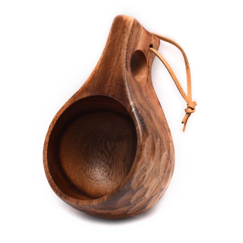 Finland Kuksa Portable Coffee Mug Acacia-Wood Handle Cowhide Rope Hook Juice Cup