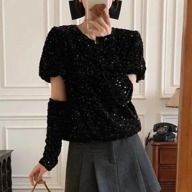 Spliced Sequined 2024 New Women Clothing Round Neck Ropa Mujer Fashion Loose Camisas Korean Elegant Tops with Oversleeve