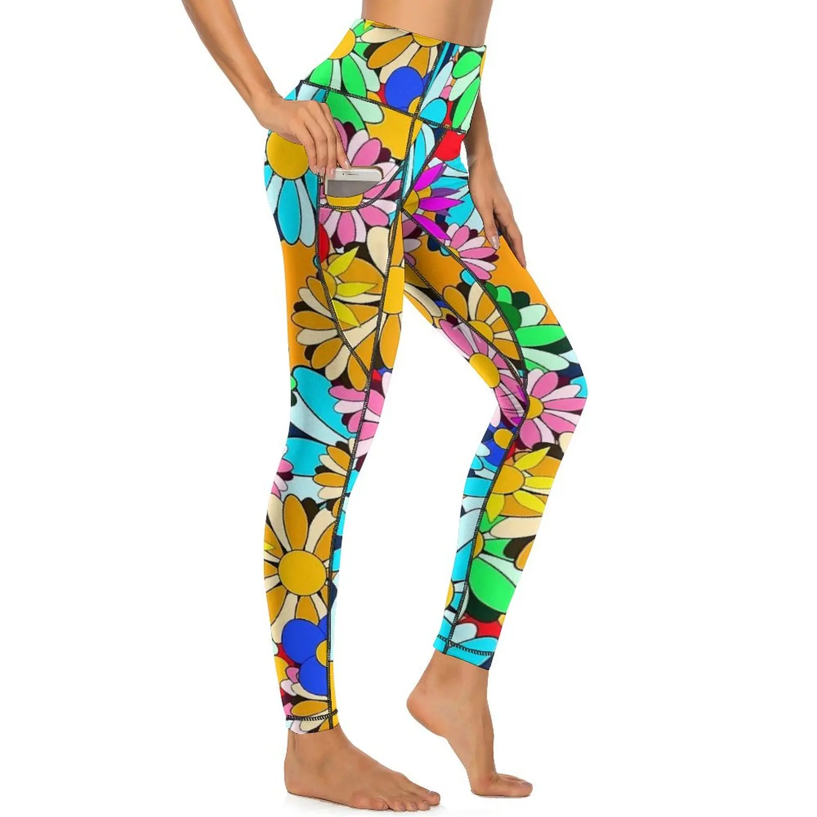 Flower Power Leggings Pantaloni da yoga a vita alta floreali retrò sexy Leggins elasticizzati casual Collant sportivi da palestra per fitness grafico femminile