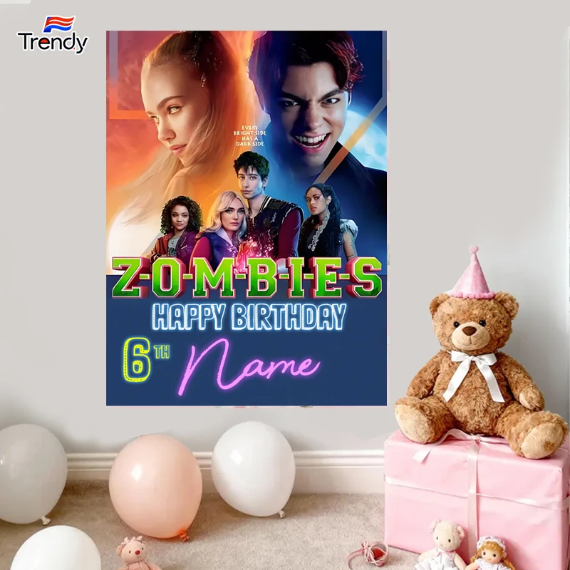 Zombies 4 Birthday Background Girl Custom Birthday Backdrop Banner Flag Banners Personalized Name