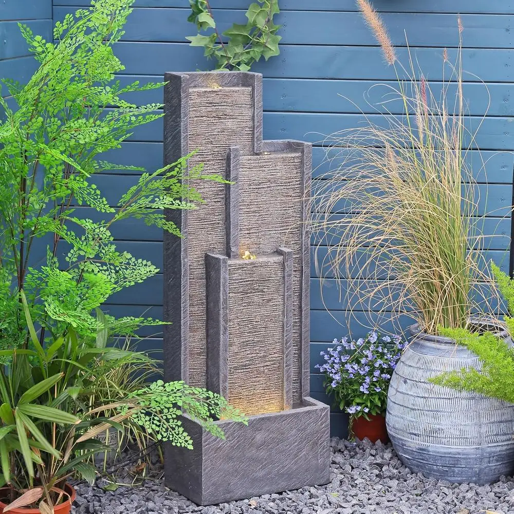 Indoor Water Fountain 39.3” H Cascading Floor - Standing Fountain Contemporary Curves Waterfalls for Porch, House, Garden, Patio