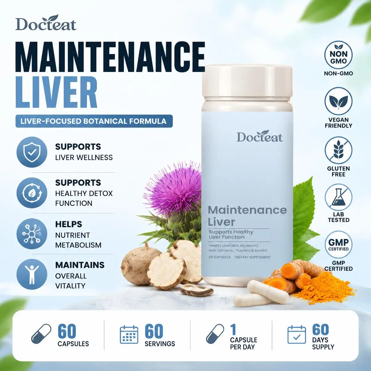 Docteat Maintenance Liver Capsules with Milk Thistle and Turmeric for Liver Wellness and Nutrient Metabolism 60 Capsules
