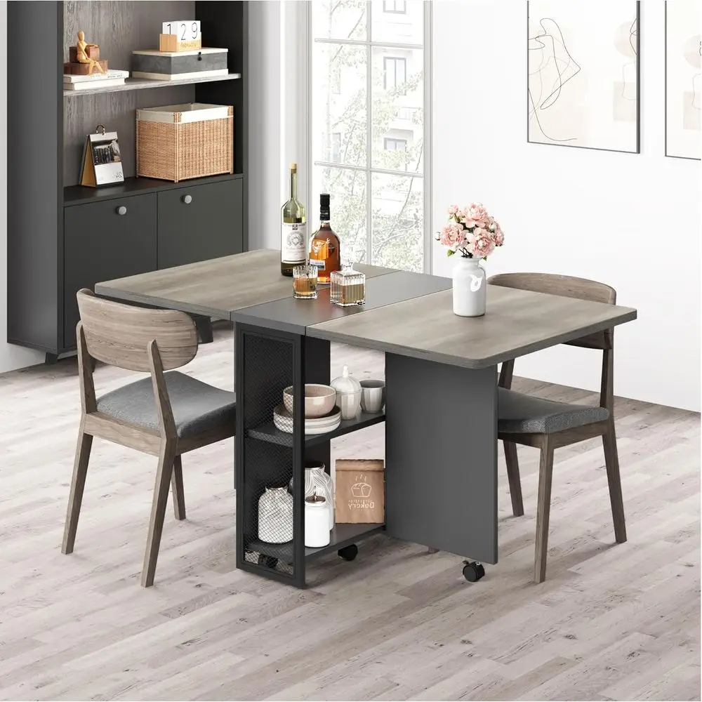 Folding Dining Table, Drop Leaf Dining Table for 4, Foldable Kitchen Table with 6 Wheels and 2 Storage Shelf, Space Saving Table