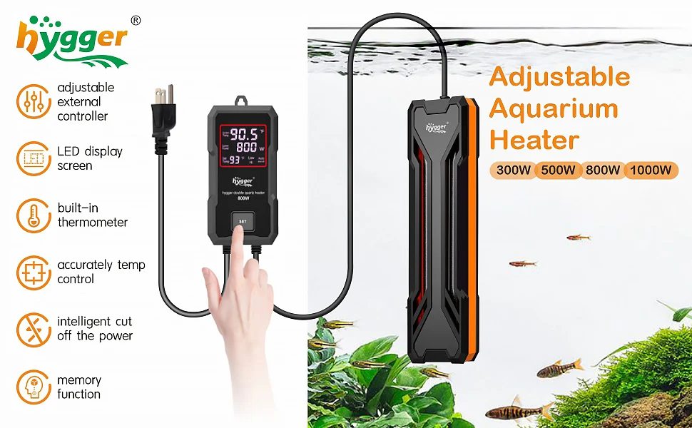 Riscaldatore per acquario al quarzo Hygger con controller LED digitale