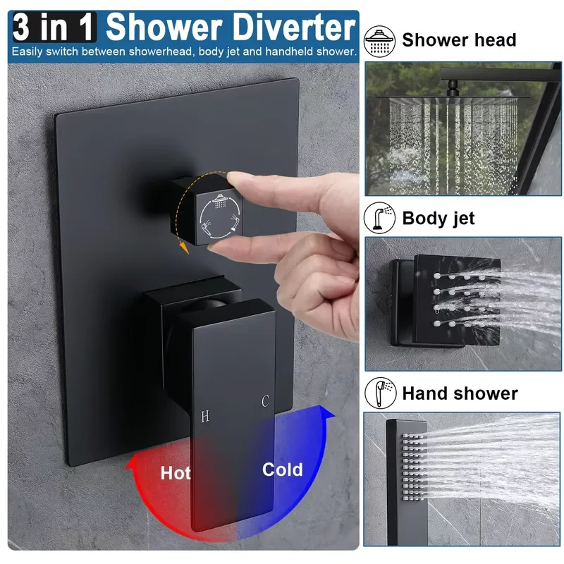 Matte Black Shower System with Body Jets 12 Inch Wall Mount Rainfall Shower System and Handheld Body Spray Shower Faucets view 3