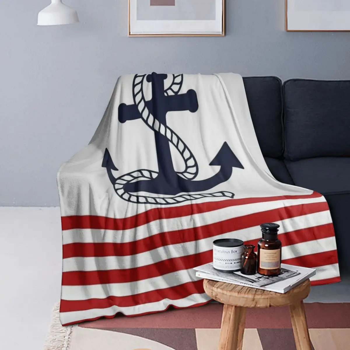 

Nautical Red And White Stripes With A Navy Blue Anchor Blankets Soft Flannel Throw Blanket Bedspread for Bed Living room Picnic