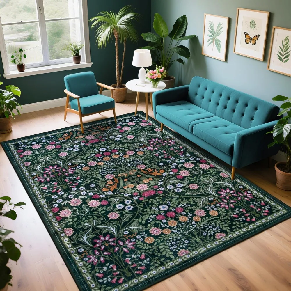 

Floral Boho-Style 6x9 Area Rugs: Large, Soft, Washable, Non-Slip, Indoor, Stain-Resistant Carpets