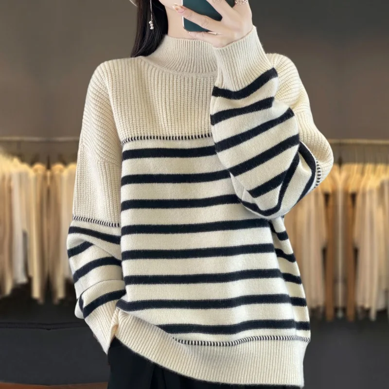 2026 Contrasting Color Semi-turtleneck Sweater Thickened Explosion Can Be Worn Inside and Outside Loose Knitted Bottoming Shirt
