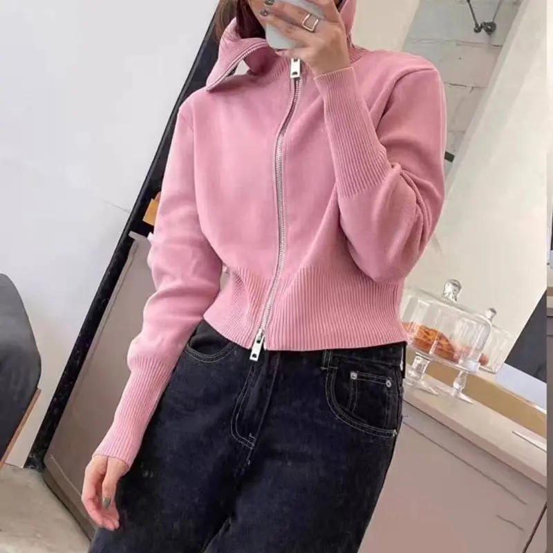 New 2024 Spring Autumn Women's Spliced Sailor Collar Zipper Fashion Solid Color Loose Comfortable Long Sleeve Knitted Sweater