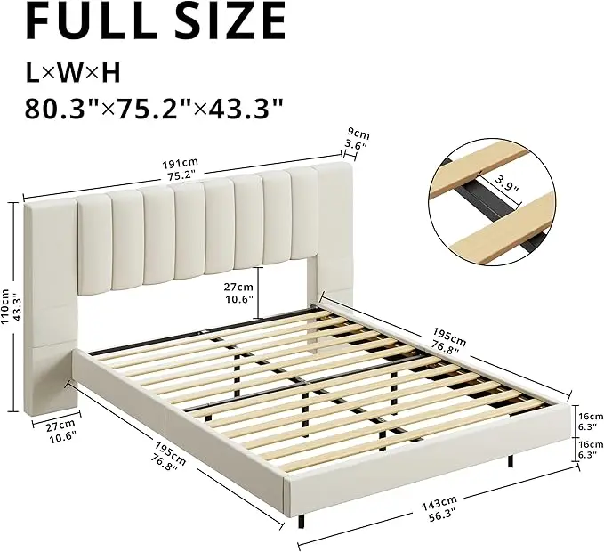 Struttura letto galleggiante a grandezza naturale con testiera ampia imbottita, luci a LED e stazione di ricarica, piattaforma completamente imbottita, struttura letto