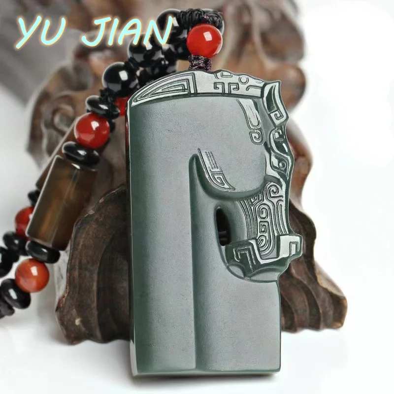 Hetian  Cyan Jade Horse To Success Pendant Carved Natural Jadeite Fine Necklace Men Ladies With Chain Jewelry