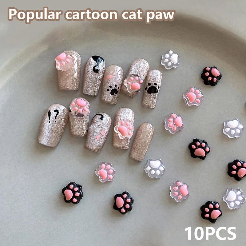 10Pcs New Fashion Cat Paw Nail Charm Resin Cartoon Manicure Ornaments Mini 3D Nail Art Decoration