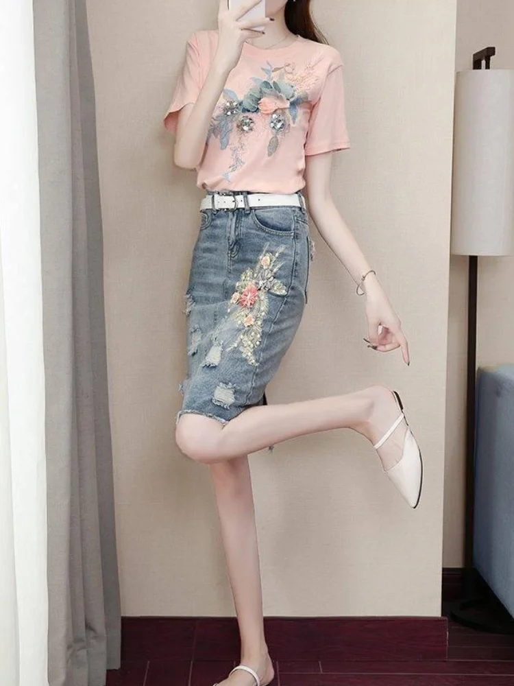 Women's Two Piece Set Flowers Midi Denim Female Outfits Hole Skirt Summer Fashion 2024 Clothing Luxury Elegant Casual Korea Chic