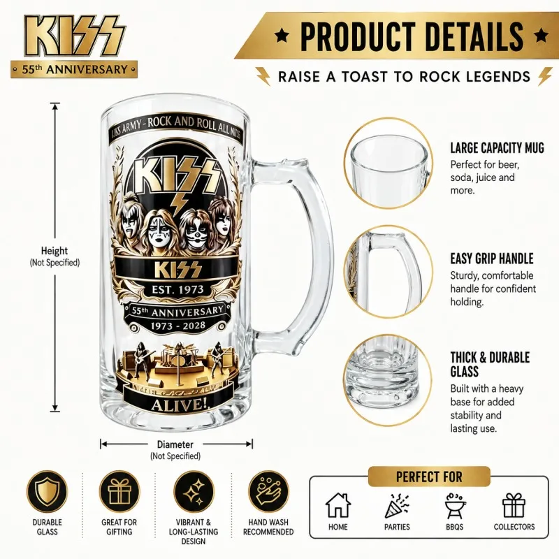 55th Anniversary KISS Rock Band Beer Mug Waterproof Sticker Clear Glass Handle Beer Stein KISS Army Home Bar Decor Fan Gift