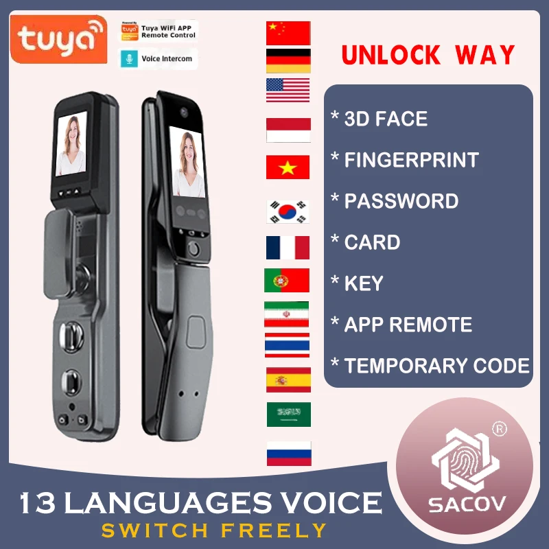 Tuya face recognition lock with remote control multi-language switch fingerprint lock with camera and intercom function