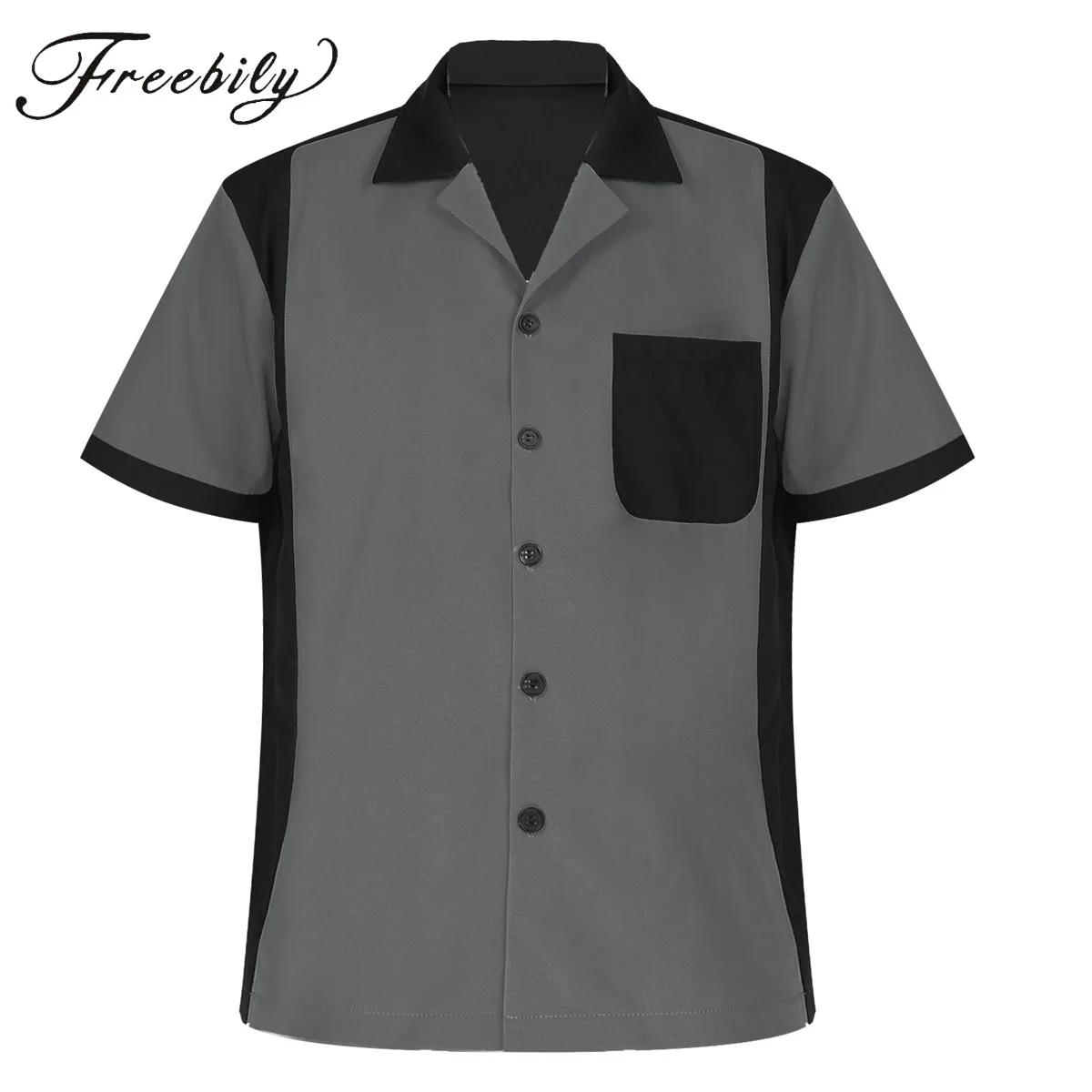 Bowling Camp Shirts Men's 50s Male Clothing Rockabilly Style Cotton Short Sleeve Fifties Bowling Casual Button-Down Shirts