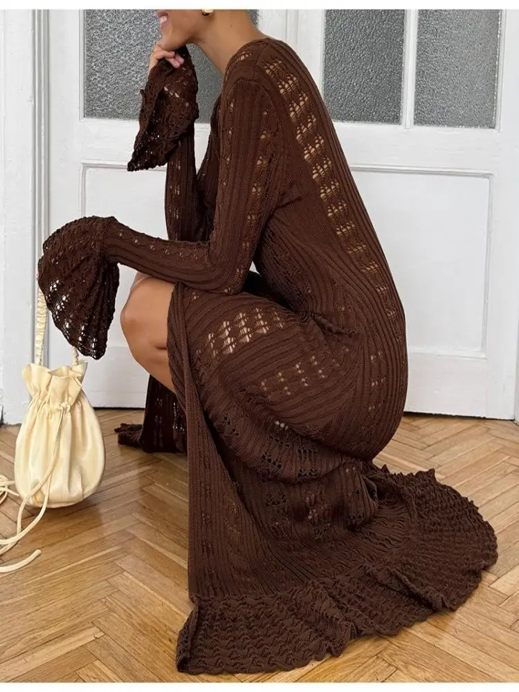 Cardigan all'uncinetto con maniche svasate scavate Boho Chic da donna, vestibilità lunga e ampia, da spiaggia, giacca leggera aperta sul davanti