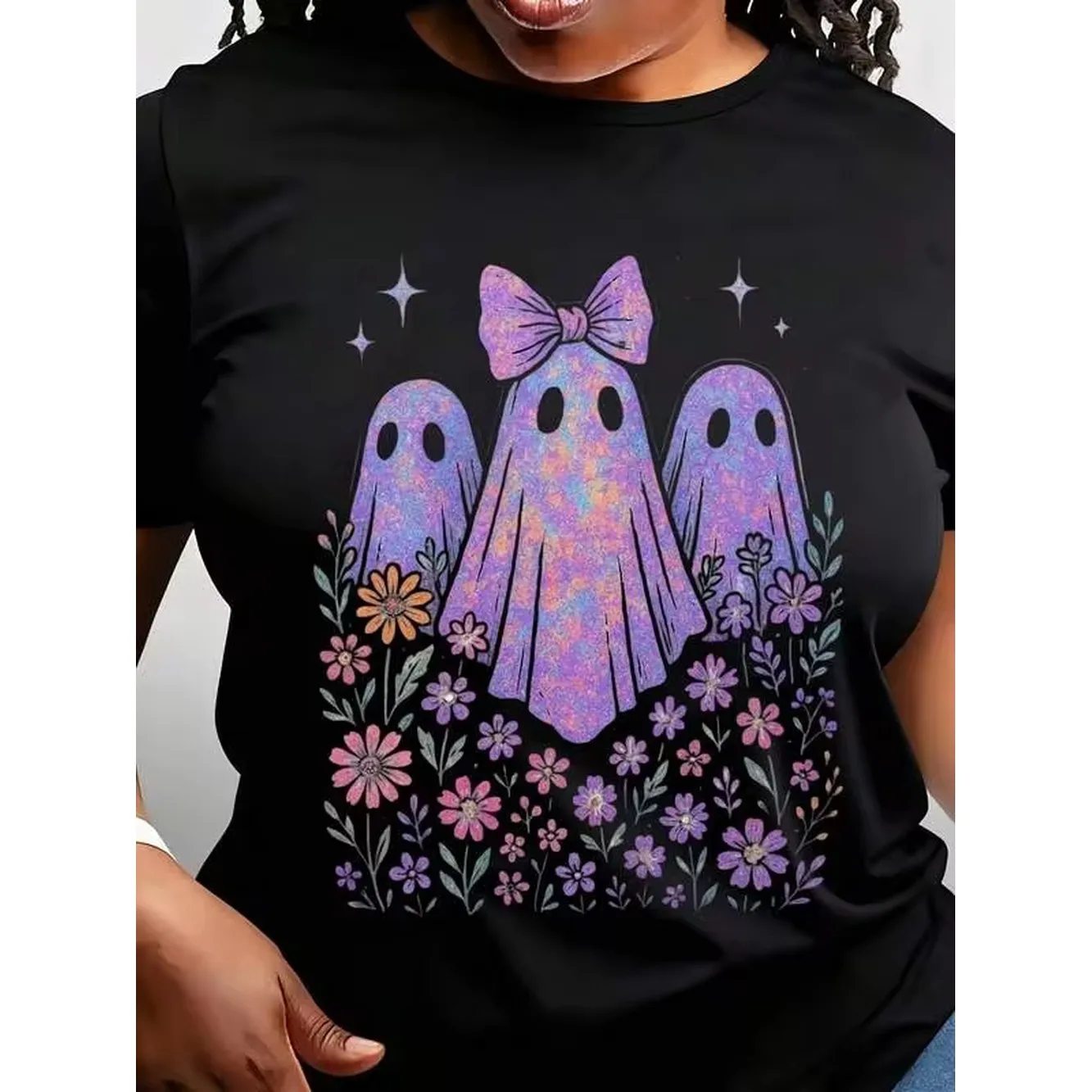 Women's Casual Crew Neck Tops, Happy Fall Halloween Graphic Print, Festive Spooky Design With Pumpkins Bats And Witches, Fun Seasonal Theme For A