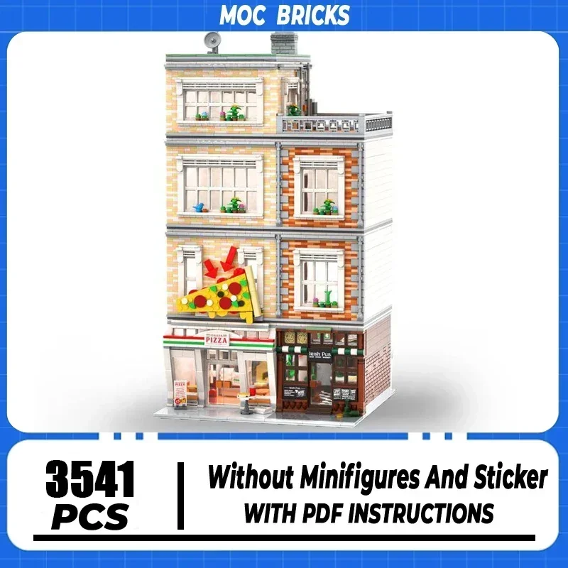 

Urban Street View Moc Building Blocks Irish Pub and Pizza Station Model Technology Modular Gift Christmas Toy DIY Sets Assembly