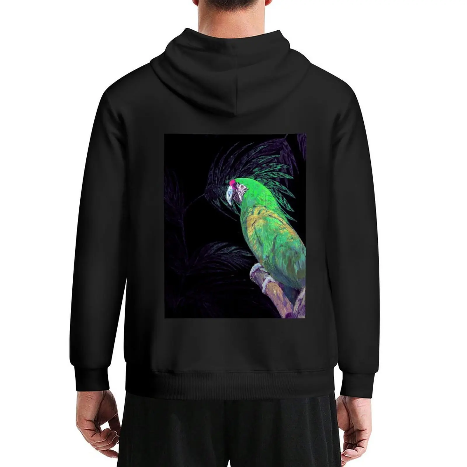 

SILVERED GLITTER TROPICAL GREEN PARROT ON BLACK POSTER PRINT DECO ART PICTURE EXOTIC BIRD Hoodie mens clothes hoodie man