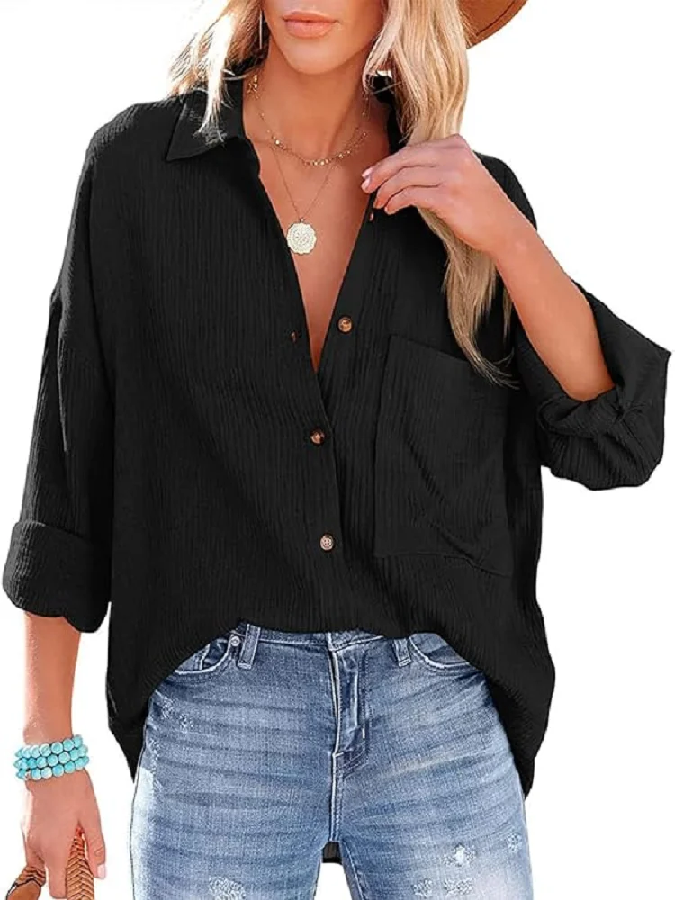 

Women’s Long Sleeve Button Shirt Loose Fit Shirt Oversized Irregular Hem Blouse with Pockets