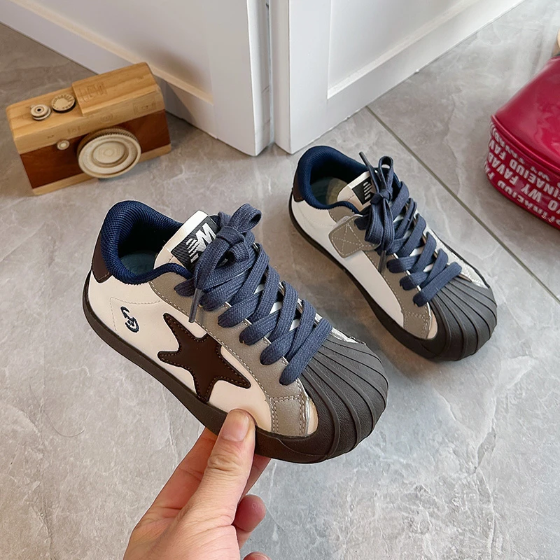 Kids Retro Star Patchwork Shell‑Toe Sneakers, Lace‑Up Anti‑Collision Casual Board Shoes for Boys Girls