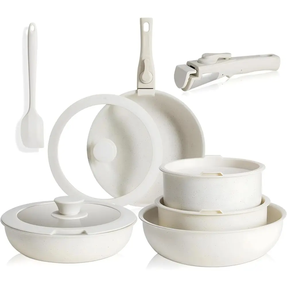 

12-Piece Nonstick Induction Cookware Set with Detachable Handle, Oven Safe, Beige