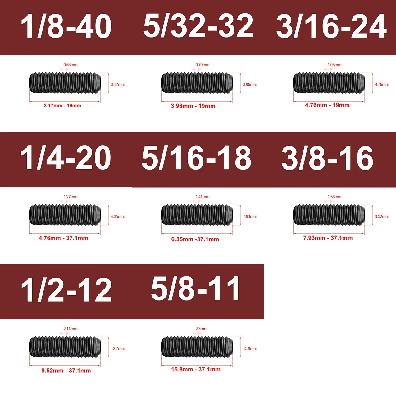 

BSW 1/8-40 5/32-32 3/16-24 1/4-20 5/16-18 1/2-12 5/8-11 Grade 12.9 Steel Hex Hexagon Socket Allen Cup Point Grub Bolt Set Screw
