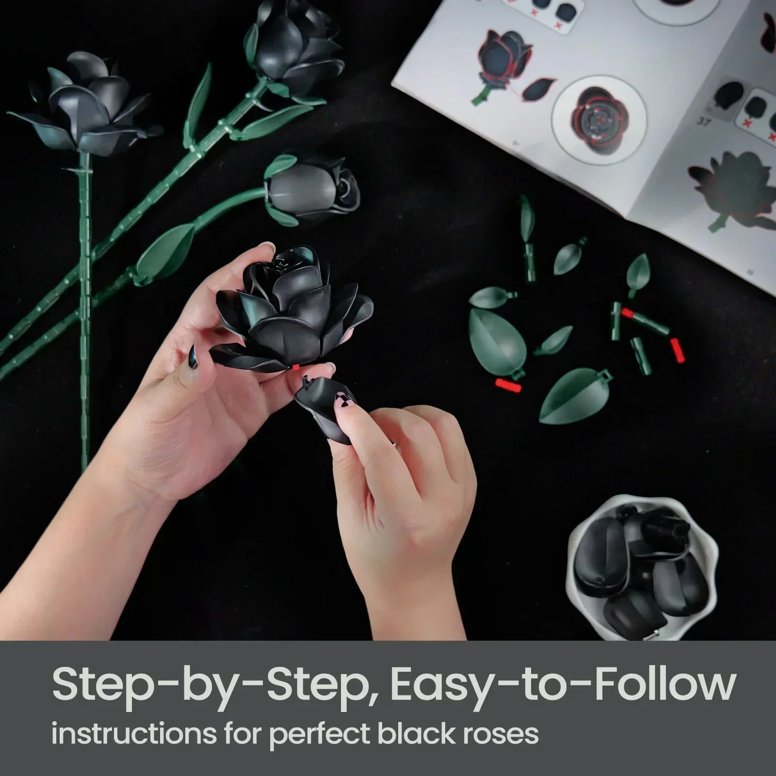 Hochwertiges Bausteine-Set mit schwarzen Rosen, künstliche Rosen, Pflanzenstrauß, Modellspielzeug, Freundin, Geburtstag, Weihnachten, Geschenke