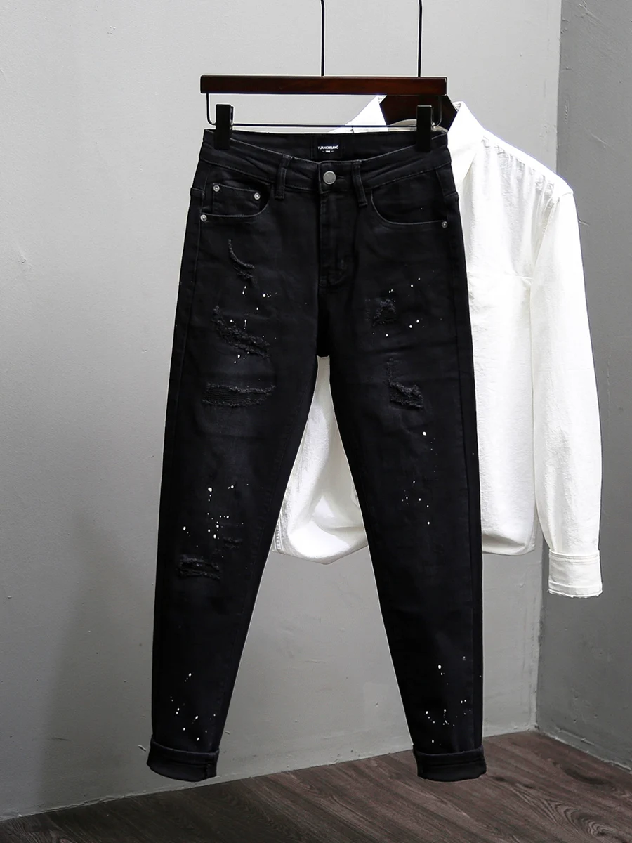 

Мужские джинсы слим-фит из денима с эффектом потертости и распыления чернил, в стиле High Street, весна-осень, новые длинные брюки