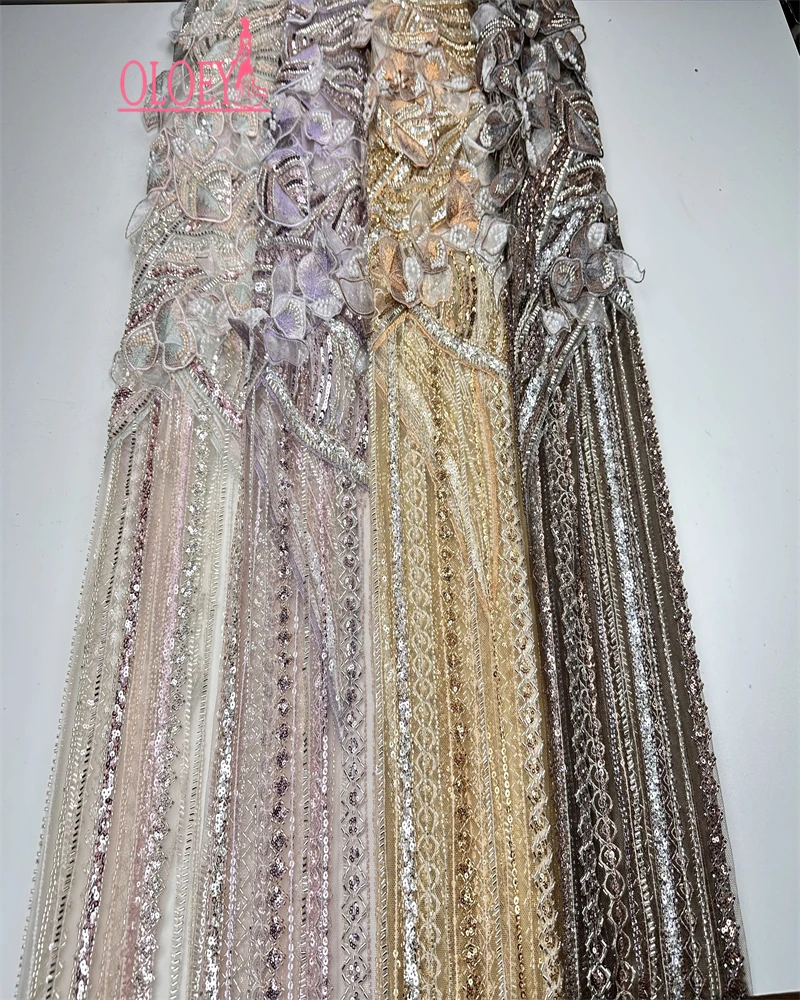 African High-Quality 3D Flower Embroidered Lace Fabric Beaded Sequin Tulle for Nigerian Wedding Dresses French Style