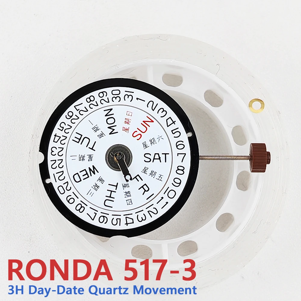 

RONDA 517 Кварцевые часы Механизм 3 часа Модификация дня и даты 517-3 Механизм на батарейках Один драгоценный камень