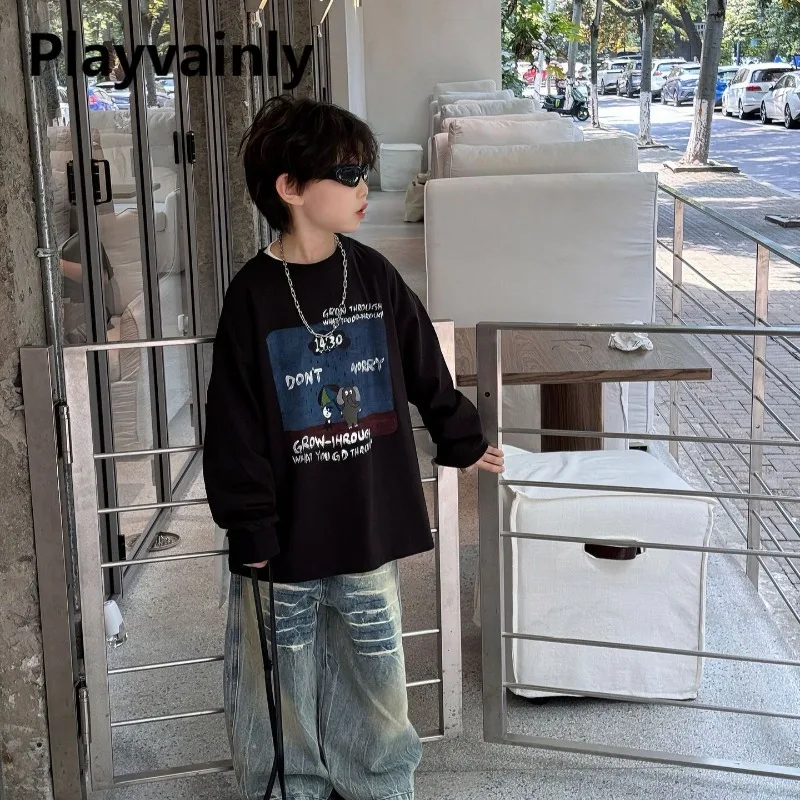 

Корейский стиль, модная свободная футболка для мальчиков, белые, черные футболки с длинными рукавами и буквенным принтом, детские повседневные универсальные топы A5059