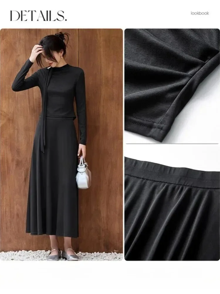 SENTUBILA Women's Knit Skirt Sets Ribbon Long Sleeve Top Elastic Waist A Line Maxi Skirt Woman Outfits Ladies Clothes 153ZF2442